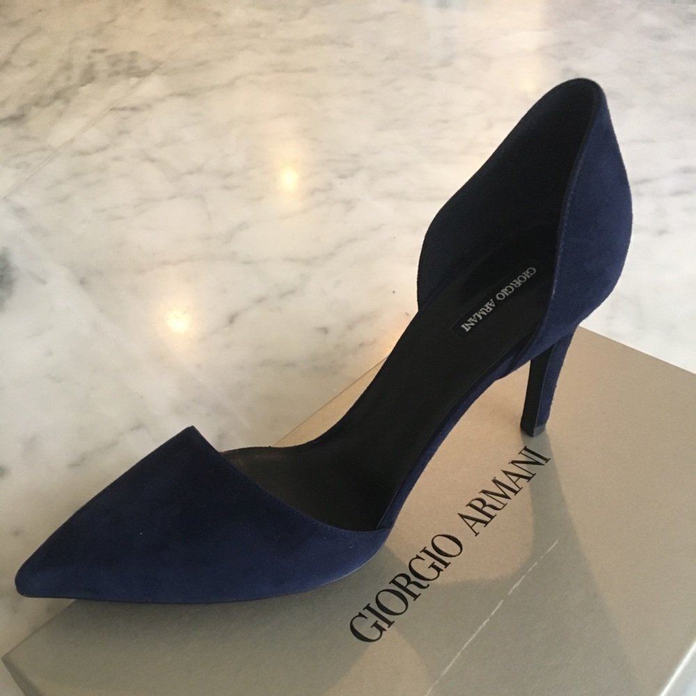 Blue suede pumps with 1 3/4 inch heel